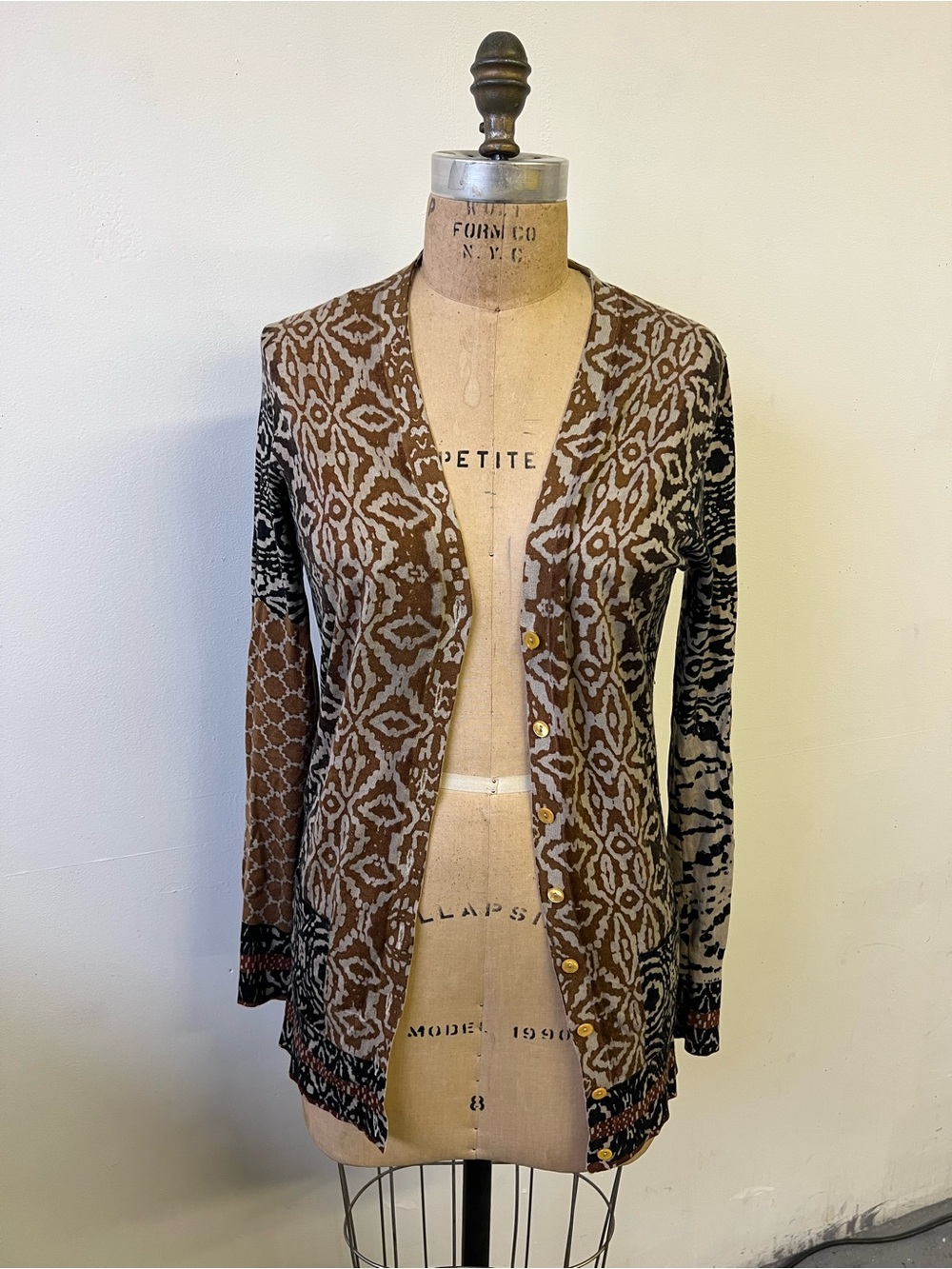 Etro Milano Silk Cashmere Cardigan Brown Geometric Print Italy Size 40